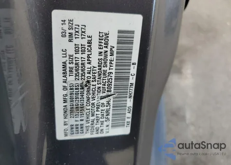 2014 Honda Odyssey Exl from USA, damaged, VIN 5FNRL5H64EB092579